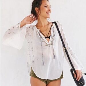 Urban Outfitters Ecote Boho Gauzy Cotton Bell Sleeve Embellished Blouse Small